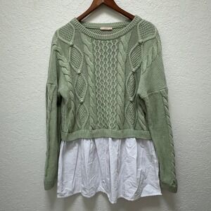 OXXO Green Cable Knit Sweater with White Shirttail Hem‎ Long Sleeve Top